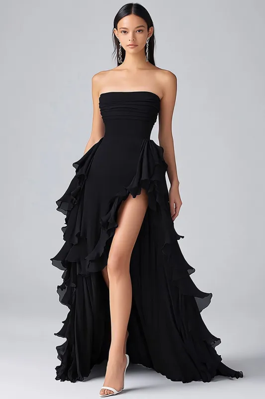 Black A Line Ruffles Chiffon Tiered Strapless Formal Dress with Slit sold by Zapaka