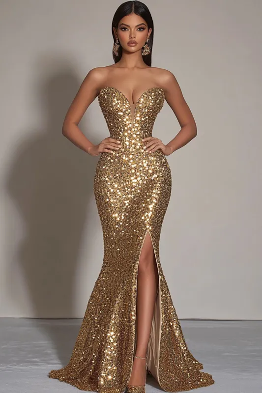 Sparkly Gold Sequins Strapless Mermaid Formal Dress with Slit sold by Zapaka