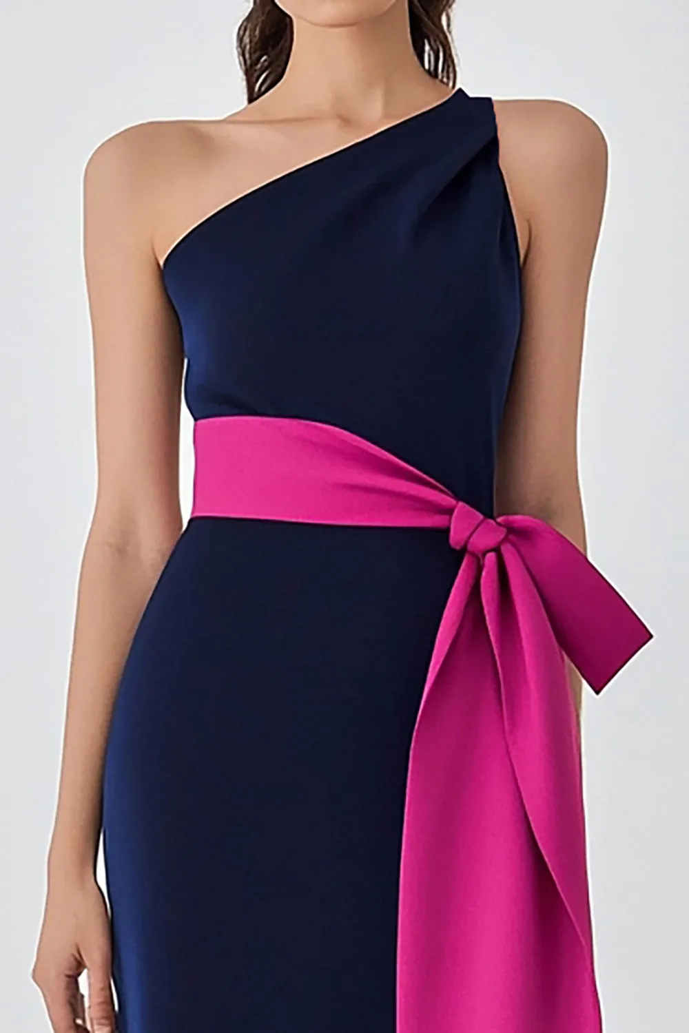 One Shoulder Navy Fuchsia Sheath Formal Dress with Belt sold by Zapaka product image thumbnail 2