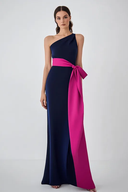 One Shoulder Navy Fuchsia Sheath Formal Dress with Belt sold by Zapaka