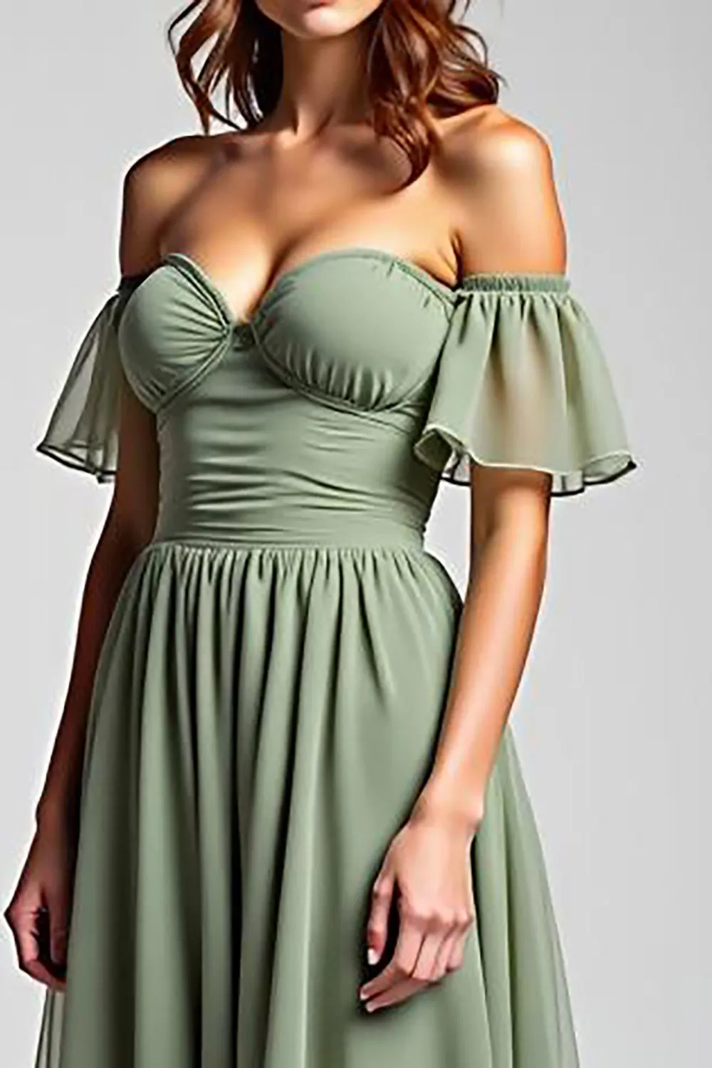Off the Shoulder A Line Dusty Sage Chiffon Formal Dress sold by Zapaka product image thumbnail 3
