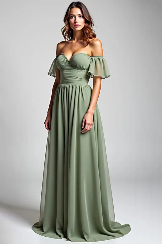 Off the Shoulder A Line Dusty Sage Chiffon Formal Dress sold by Zapaka