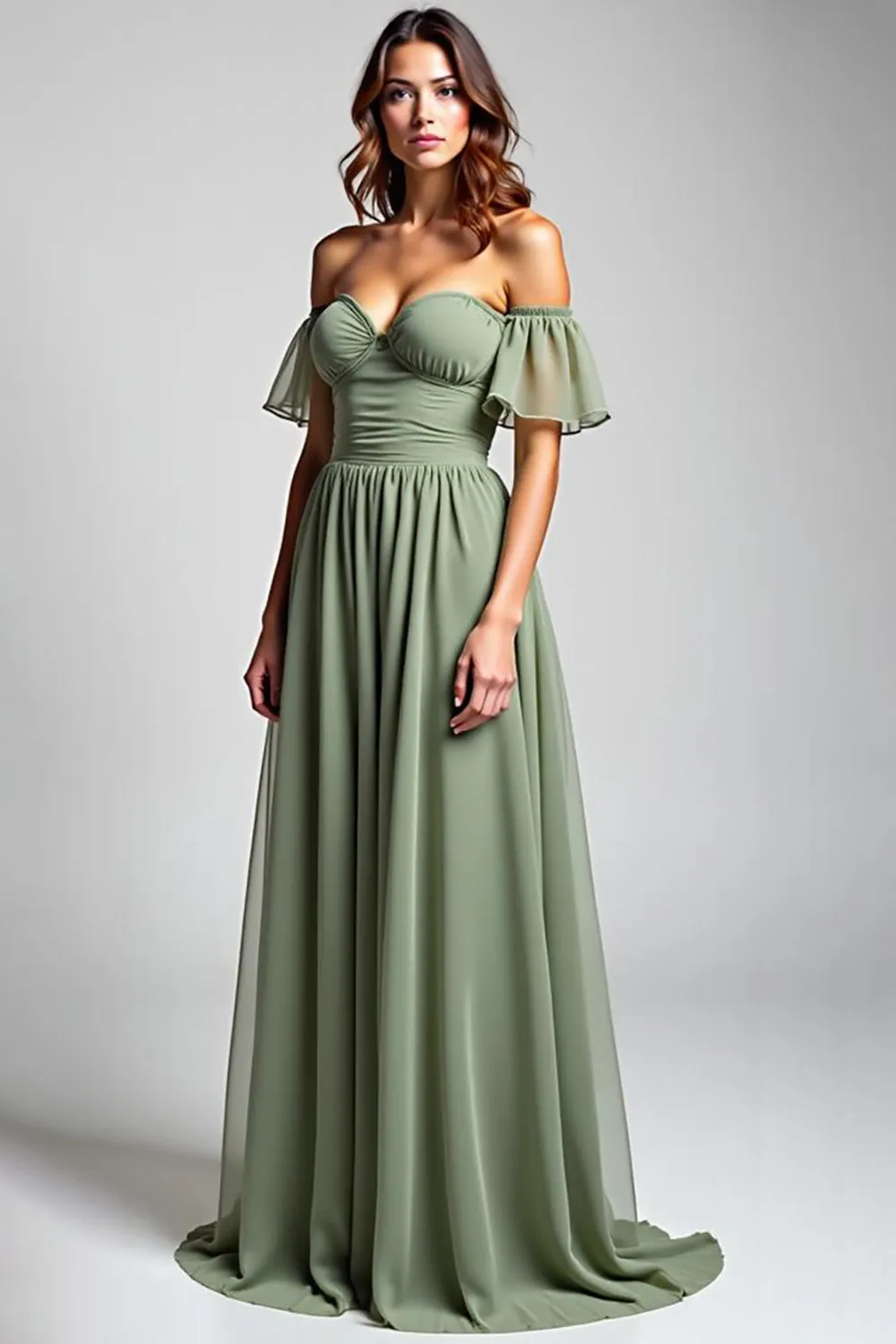 Off the Shoulder A Line Dusty Sage Chiffon Formal Dress sold by Zapaka
