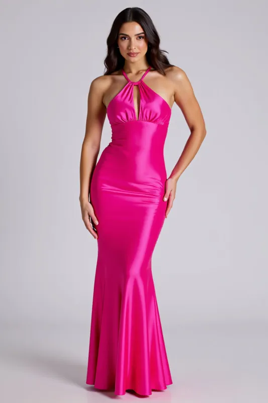 Halter Stretch Satin Fuchsia Sheath Formal Dress sold by Zapaka