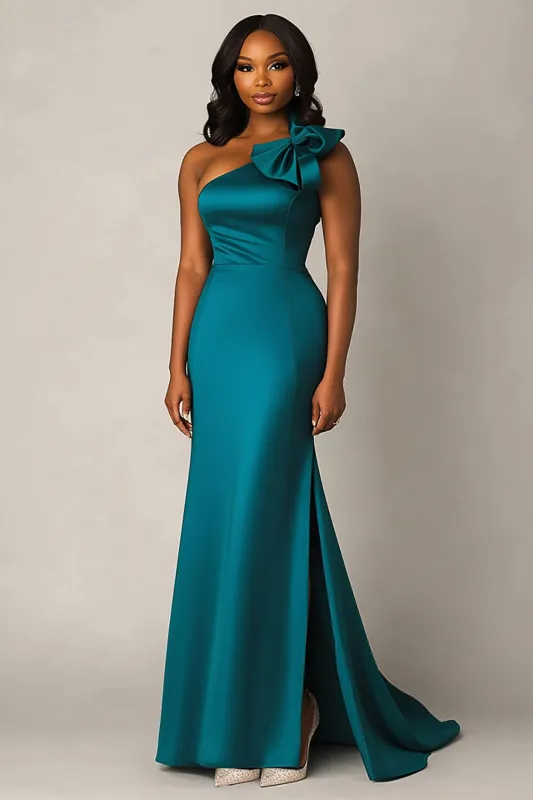 Peacock One Shoulder Satin Sheath Formal Dress with Slit sold by Zapaka