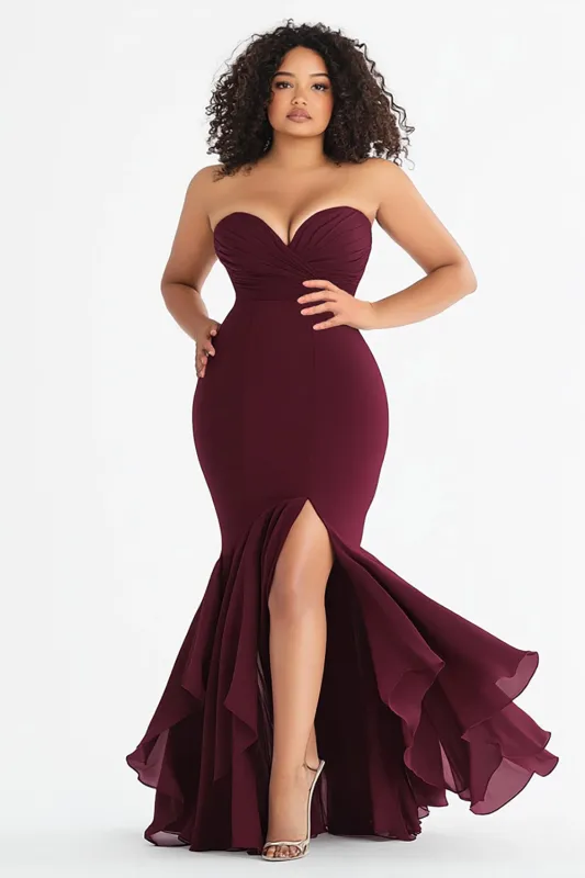 Burgundy Plus Size Sweetheart Mermaid Long Formal Dress with Slit sold by Zapaka