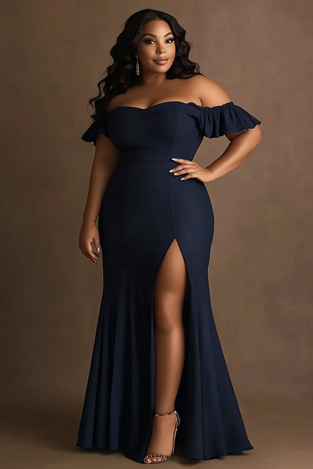 Navy Off The Shoulder Plus Size Long Formal Dress with Slit sold by Zapaka