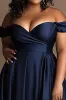 Plus Size Navy Off The Shoulder Satin Long Formal Dress with Slit sold by Zapaka
