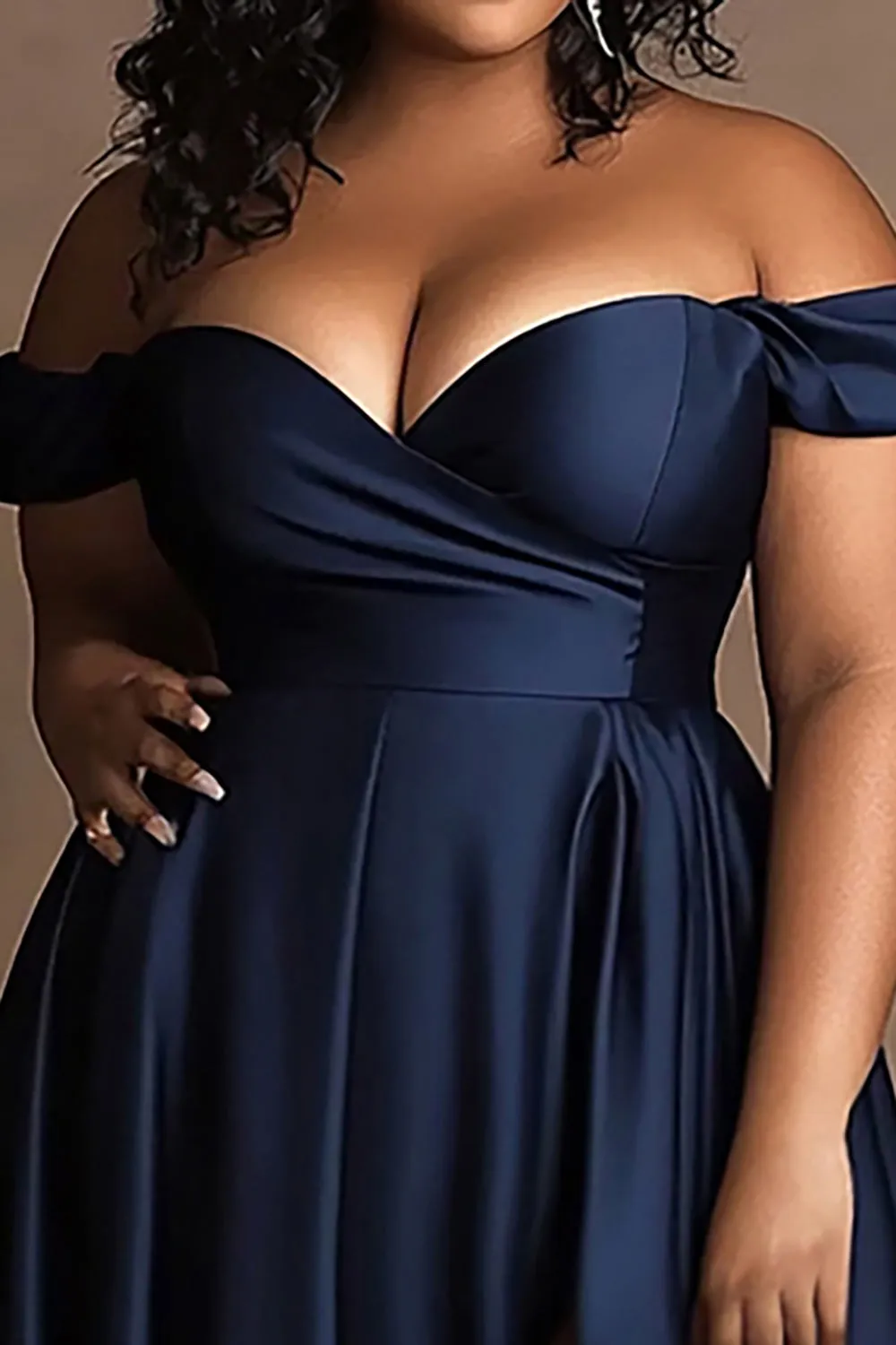 Plus Size Navy Off The Shoulder Satin Long Formal Dress with Slit sold by Zapaka product image thumbnail 2