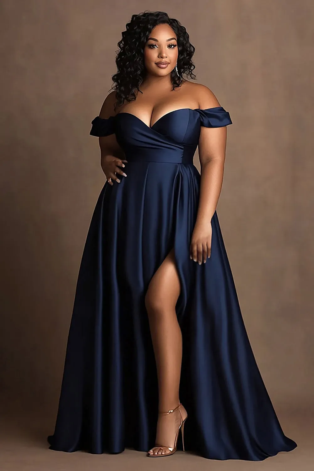 Plus Size Navy Off The Shoulder Satin Long Formal Dress with Slit sold by Zapaka
