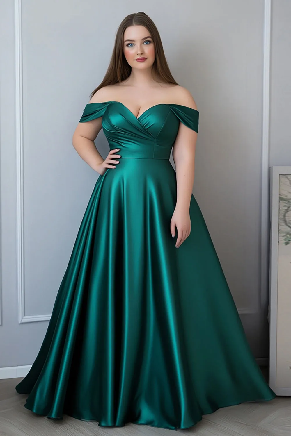 Dark Green A Line Plus Size Satin Long Formal Dress sold by Zapaka