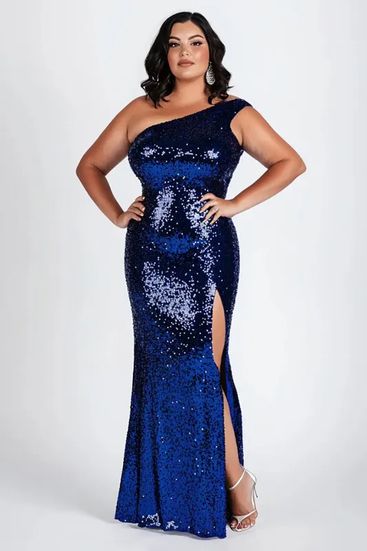 Plus Size Sparkly Dark Blue Long Formal Dress with Slit sold by Zapaka
