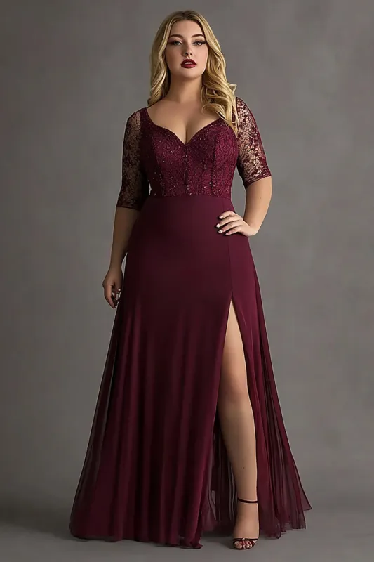 Plus Size Burgundy Half Sleeves Long Lace Formal Dress with Slit sold by Zapaka