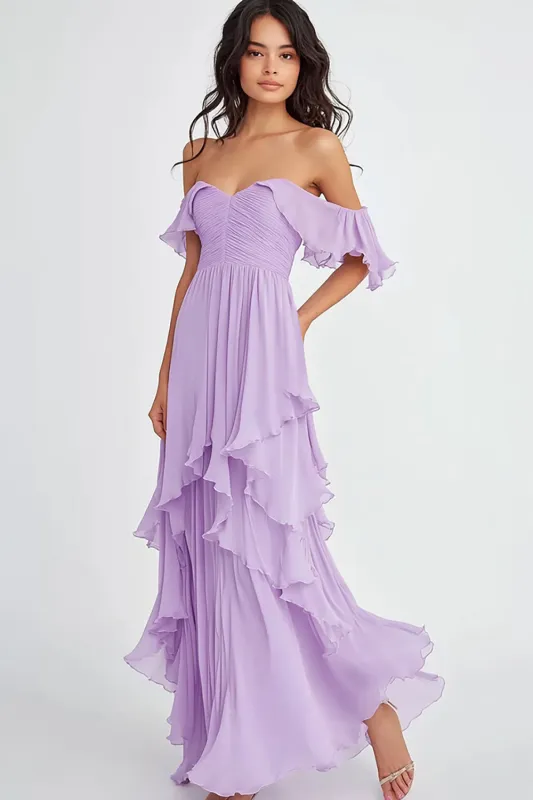 Ruffled Pleated Lilac Off the Shoulder A Line Formal Dress sold by Zapaka