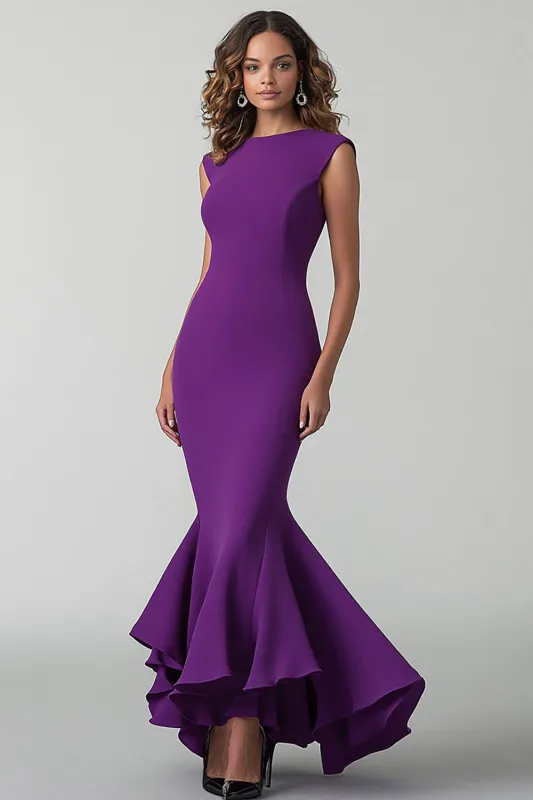 Plum Crepe Mermaid Round Neck Formal Dress sold by Zapaka