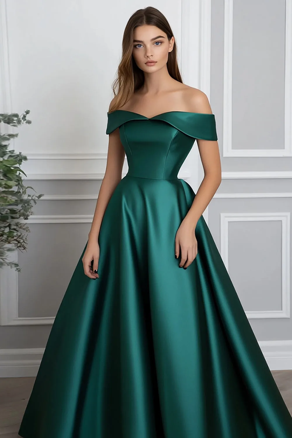 Off The Shoulder Dark Green A Line Satin Formal Dress sold by Zapaka