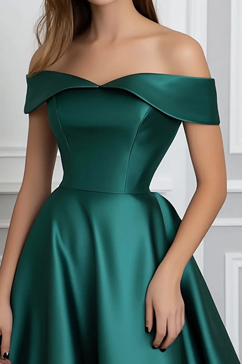 Off The Shoulder Dark Green A Line Satin Formal Dress sold by Zapaka product image thumbnail 2