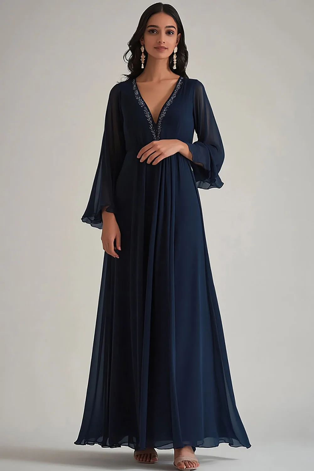 Navy A Line V-Neck Chiffon Formal Dress with Long Sleeves sold by Zapaka