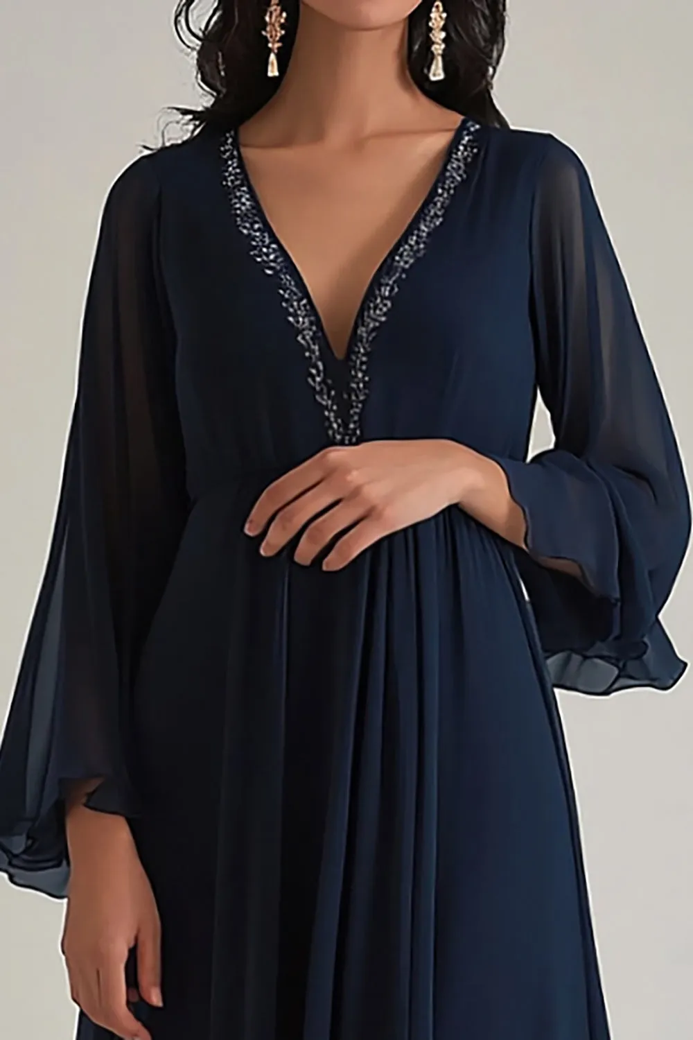 Navy A Line V-Neck Chiffon Formal Dress with Long Sleeves sold by Zapaka product image thumbnail 2