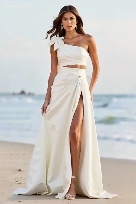 One Shoulder A Line White Long Wedding Dress with Slit sold by Zapaka