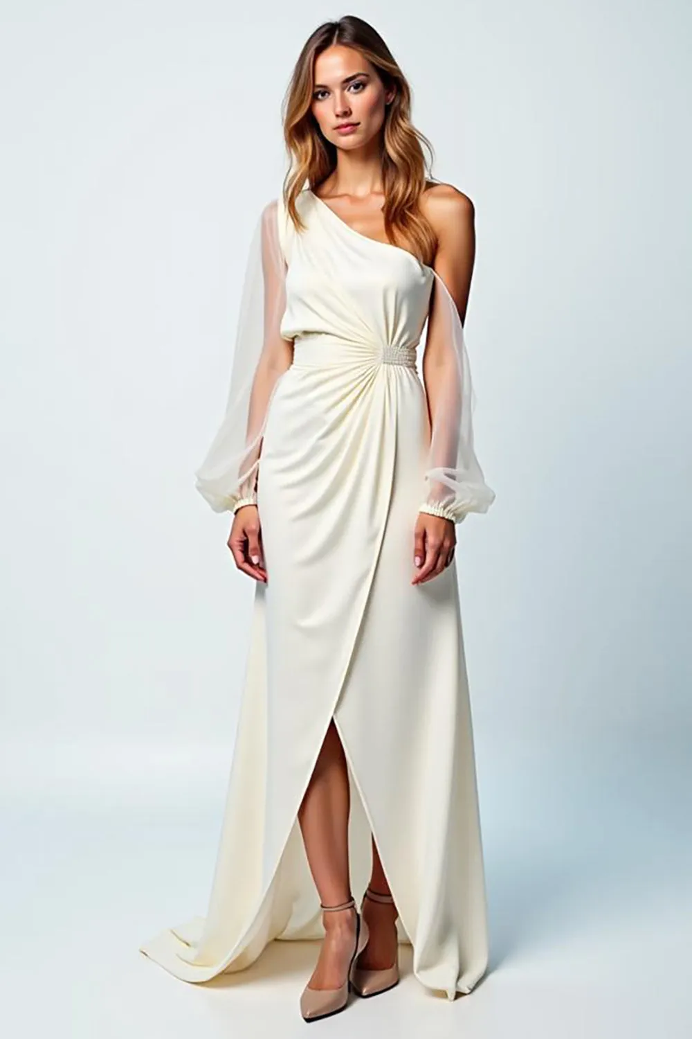 Ivory Sheath One Shoulder Formal Dress with Slit sold by Zapaka