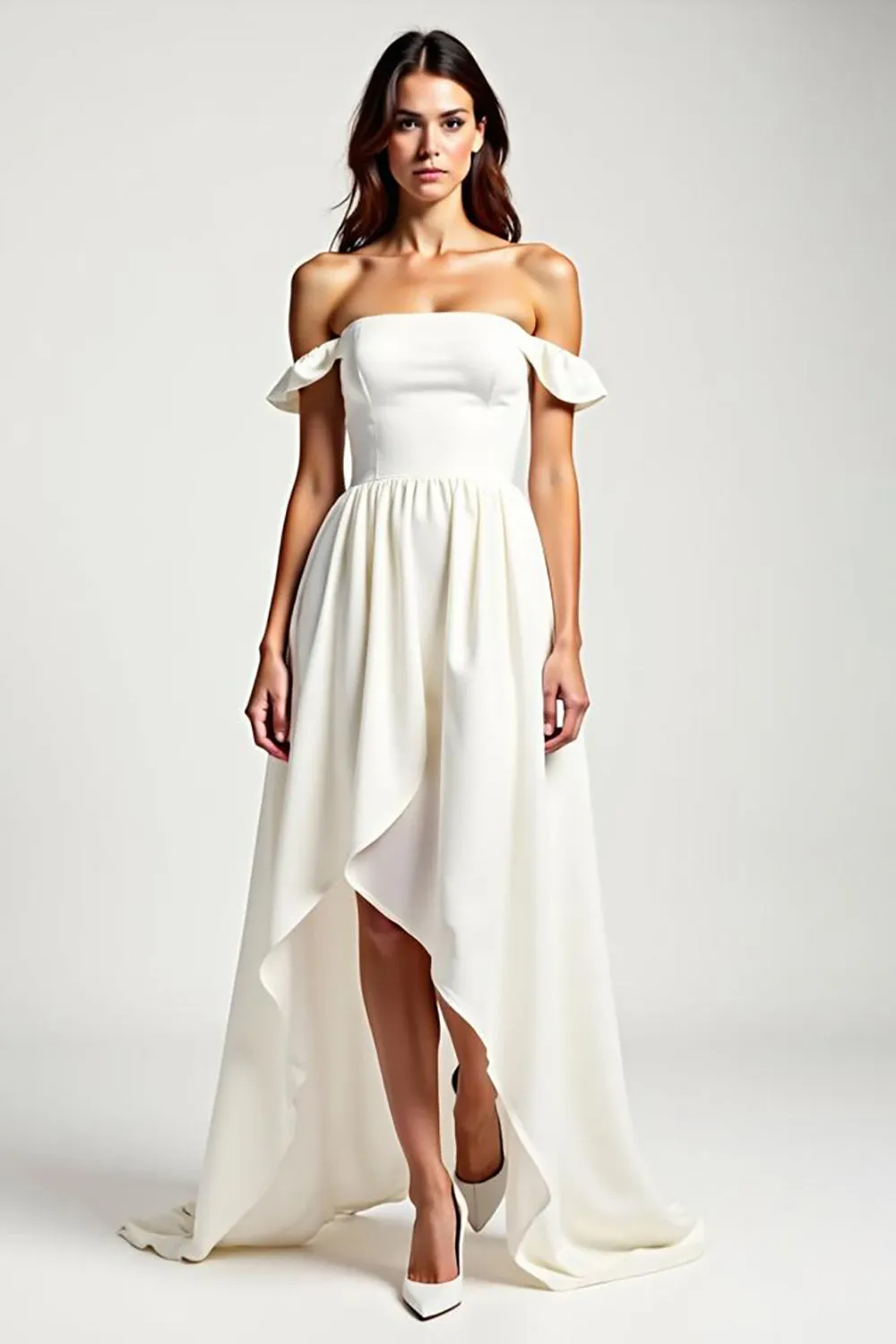 Off The Shoulder A Line White High-Low Formal Dress sold by Zapaka