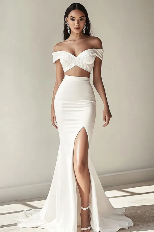 White Off The Shoulder Mermaid Long Wedding Dress with Slit sold by Zapaka