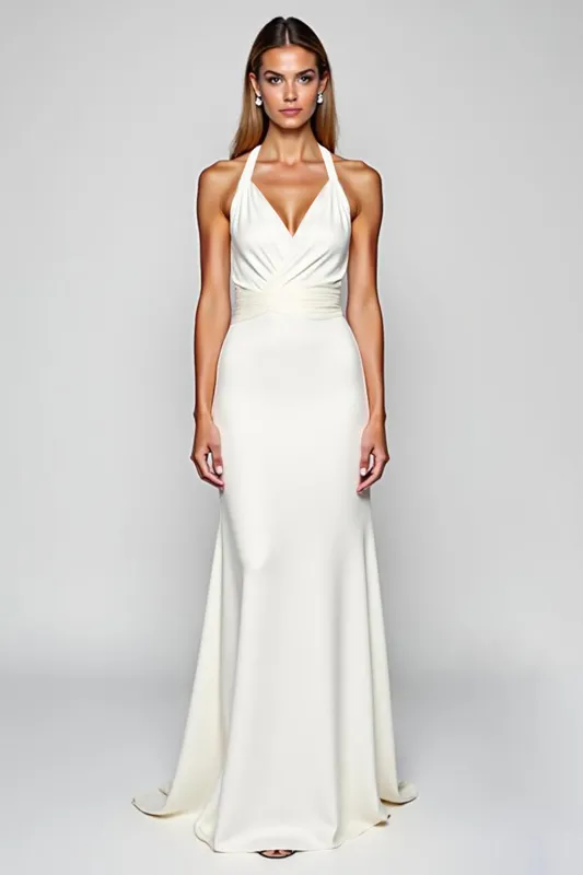 White Halter Satin Long Sheath Formal Dress sold by Zapaka