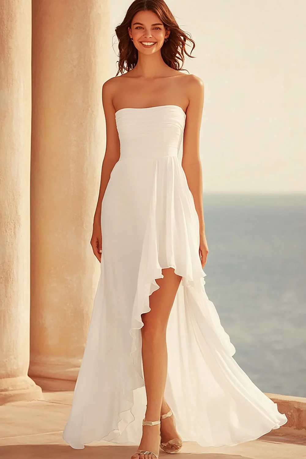 A Line White Strapless Wedding Dress with Slit sold by Zapaka