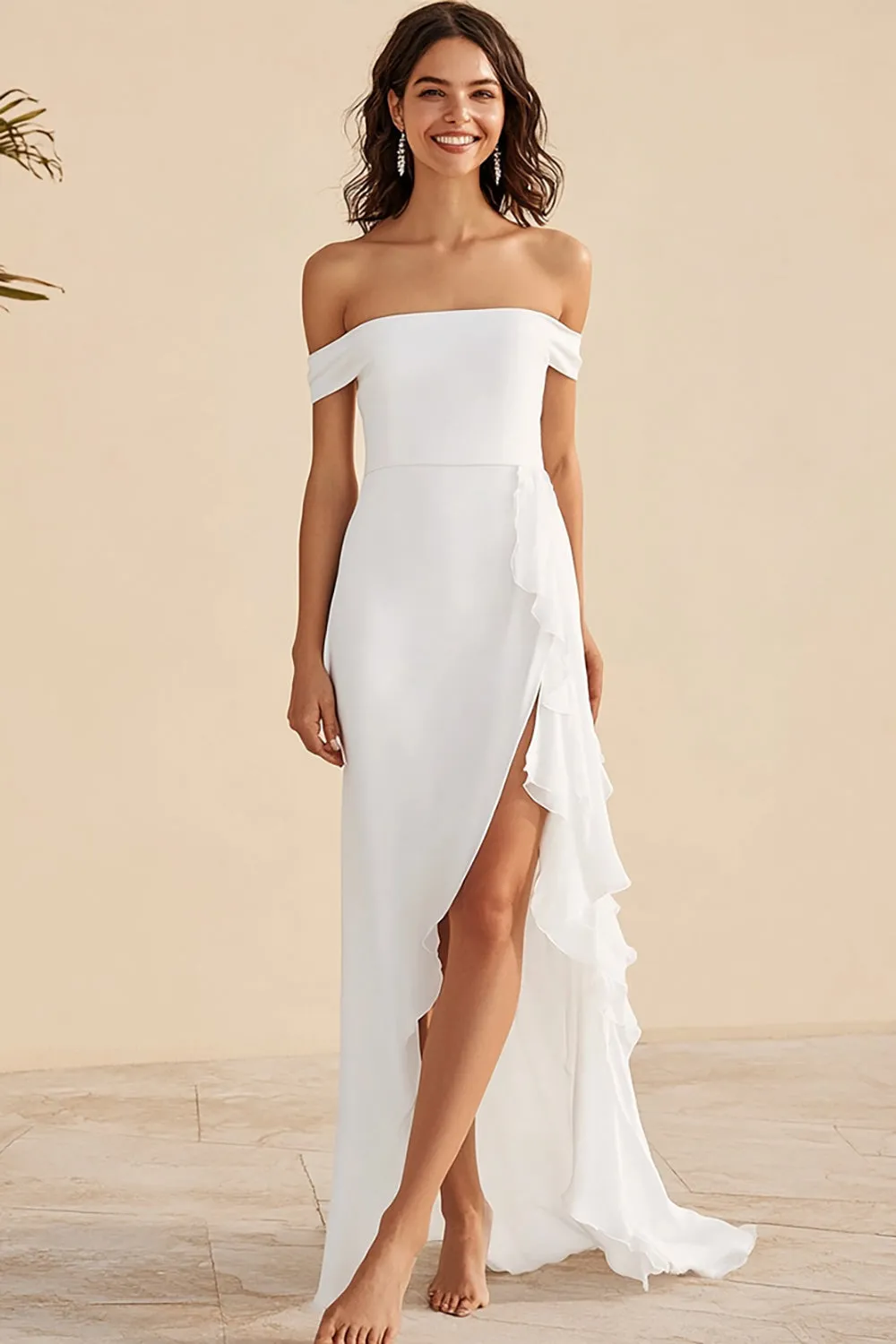Sheath White Off The Shoulder Wedding Dress with Slit sold by Zapaka