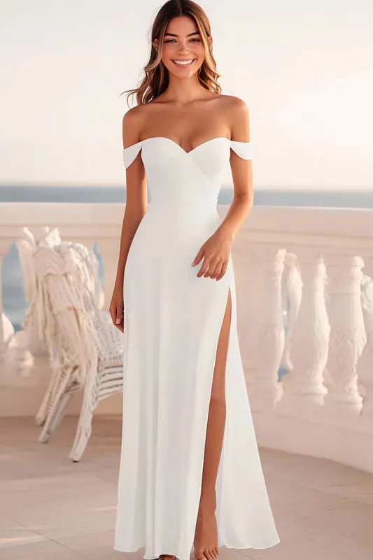 A Line White Off The Shoulder Wedding Dress with Slit sold by Zapaka