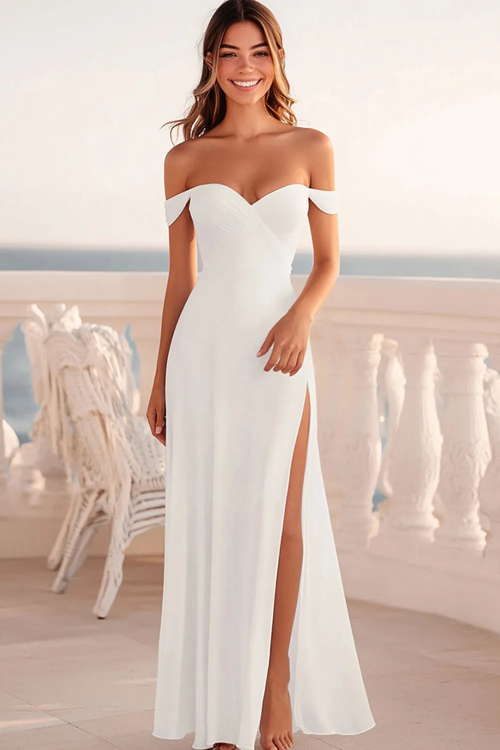 A Line White Off The Shoulder Wedding Dress with Slit sold by Zapaka
