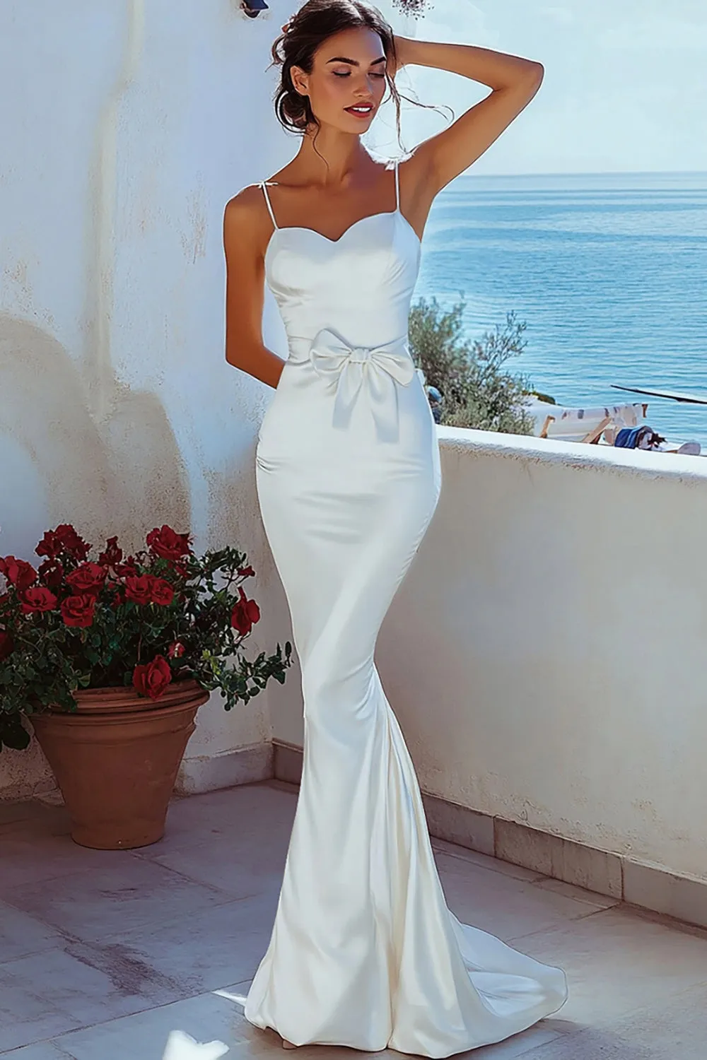 Mermaid White Spaghetti Straps Satin Formal Dress sold by Zapaka