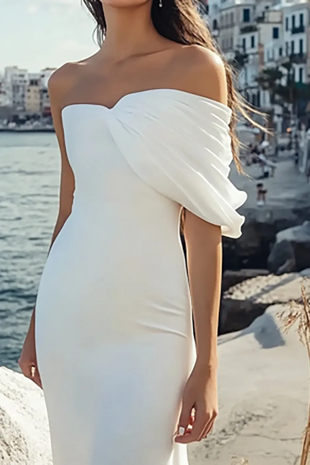White One Shoulder Ruched Mermaid Wedding Dress sold by Zapaka product image thumbnail 2