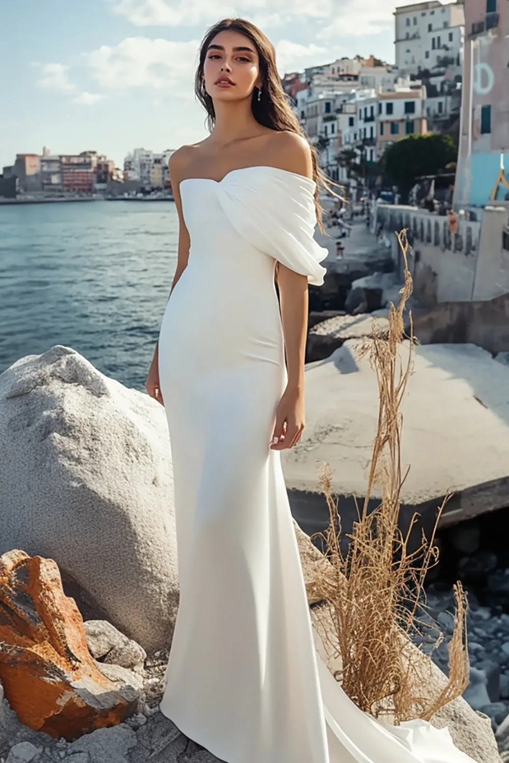 White One Shoulder Ruched Mermaid Wedding Dress sold by Zapaka