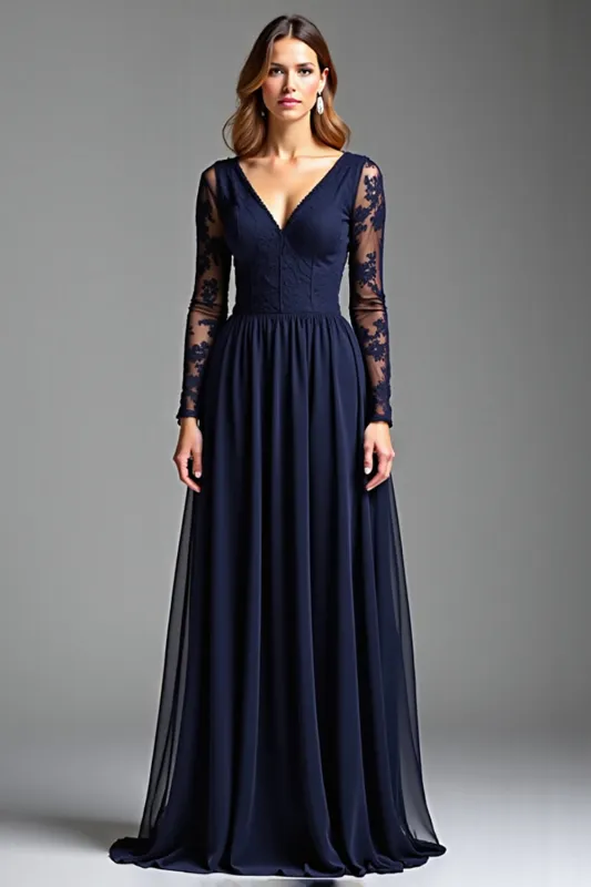 Navy Lace Long Sleeves V Neck A Line Chiffon Formal Dress made by Zapaka