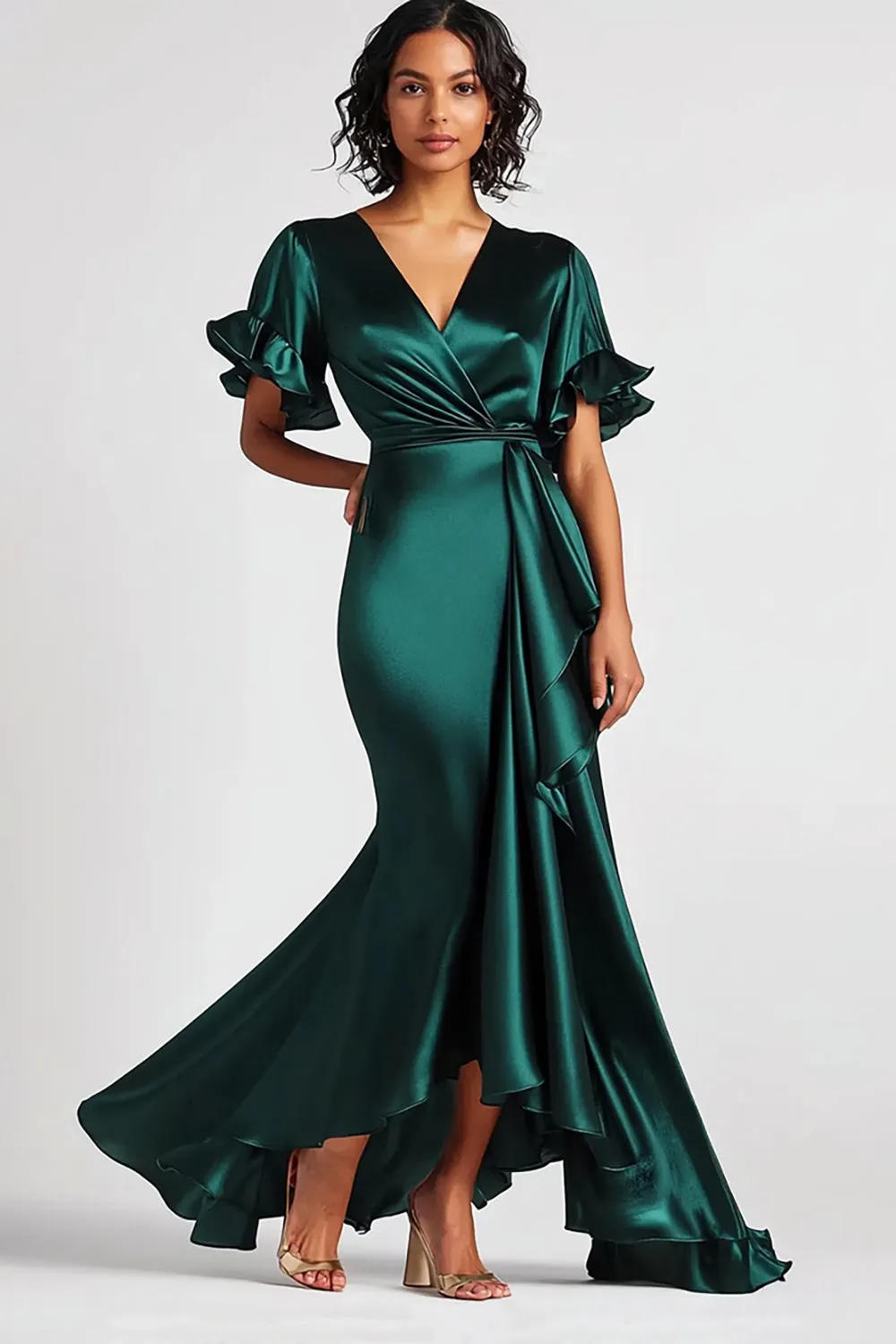 Dark Green Mermaid Satin Short Sleeves V Neck Formal Dress sold by Zapaka