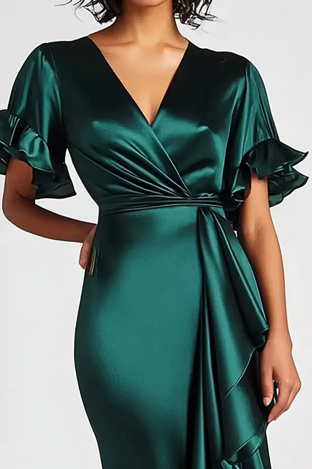 Dark Green Mermaid Satin Short Sleeves V Neck Formal Dress sold by Zapaka product image thumbnail 2