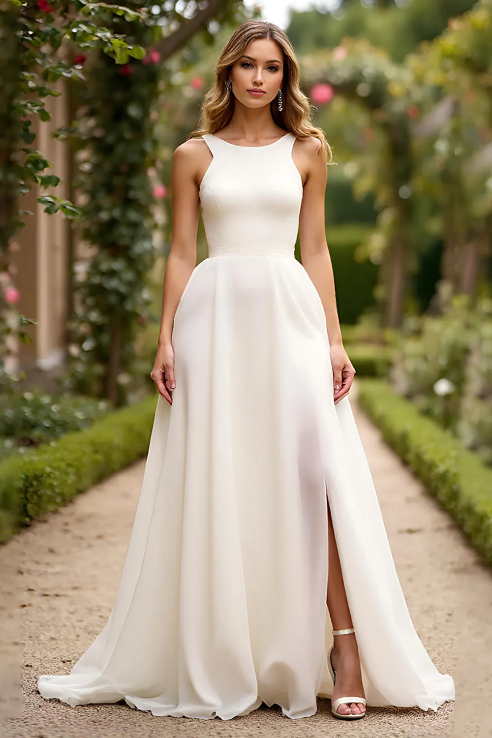 Ivory A Line Chiffon Long Wedding Dress with Slit sold by Zapaka