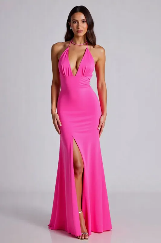Fuchsia Mermaid Halter Formal Dress With Slit sold by Zapaka