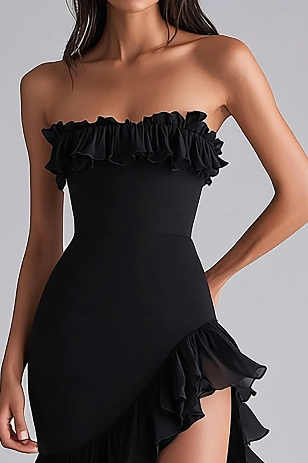 Black Mermaid Strapless Ruffled Formal Dress With Slit sold by Zapaka product image thumbnail 2