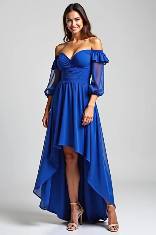 Royal Blue Off The Shoulder Asymmetrical A Line Formal Dress sold by Zapaka