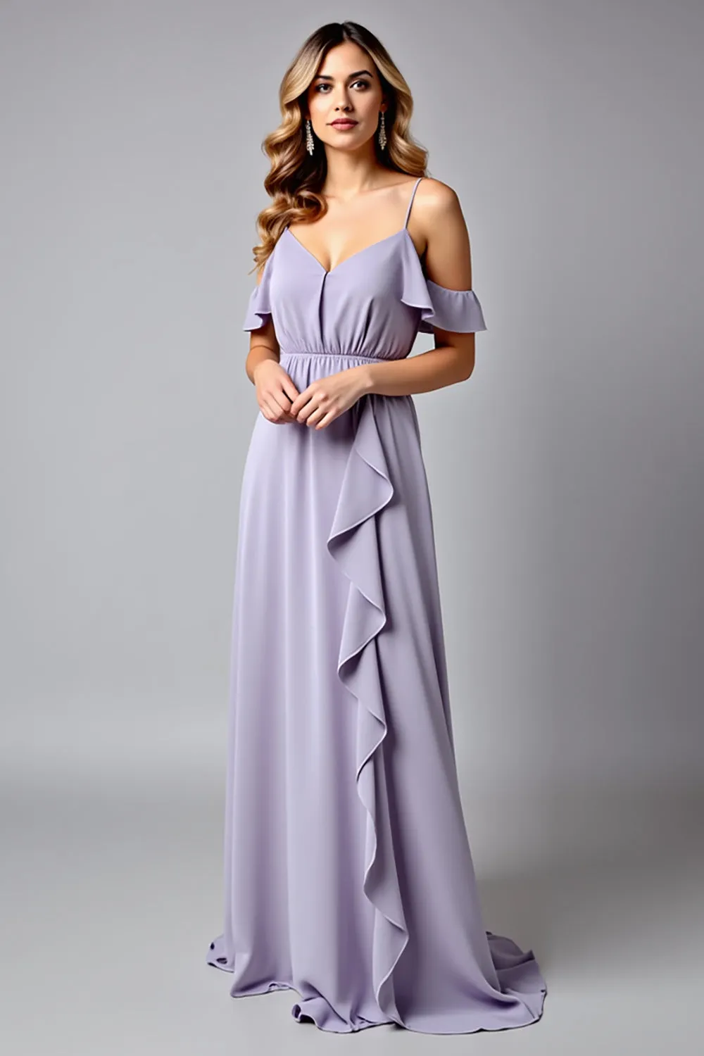 A Line Spaghetti Straps Long Lilac Formal Dress With Ruffles sold by Zapaka