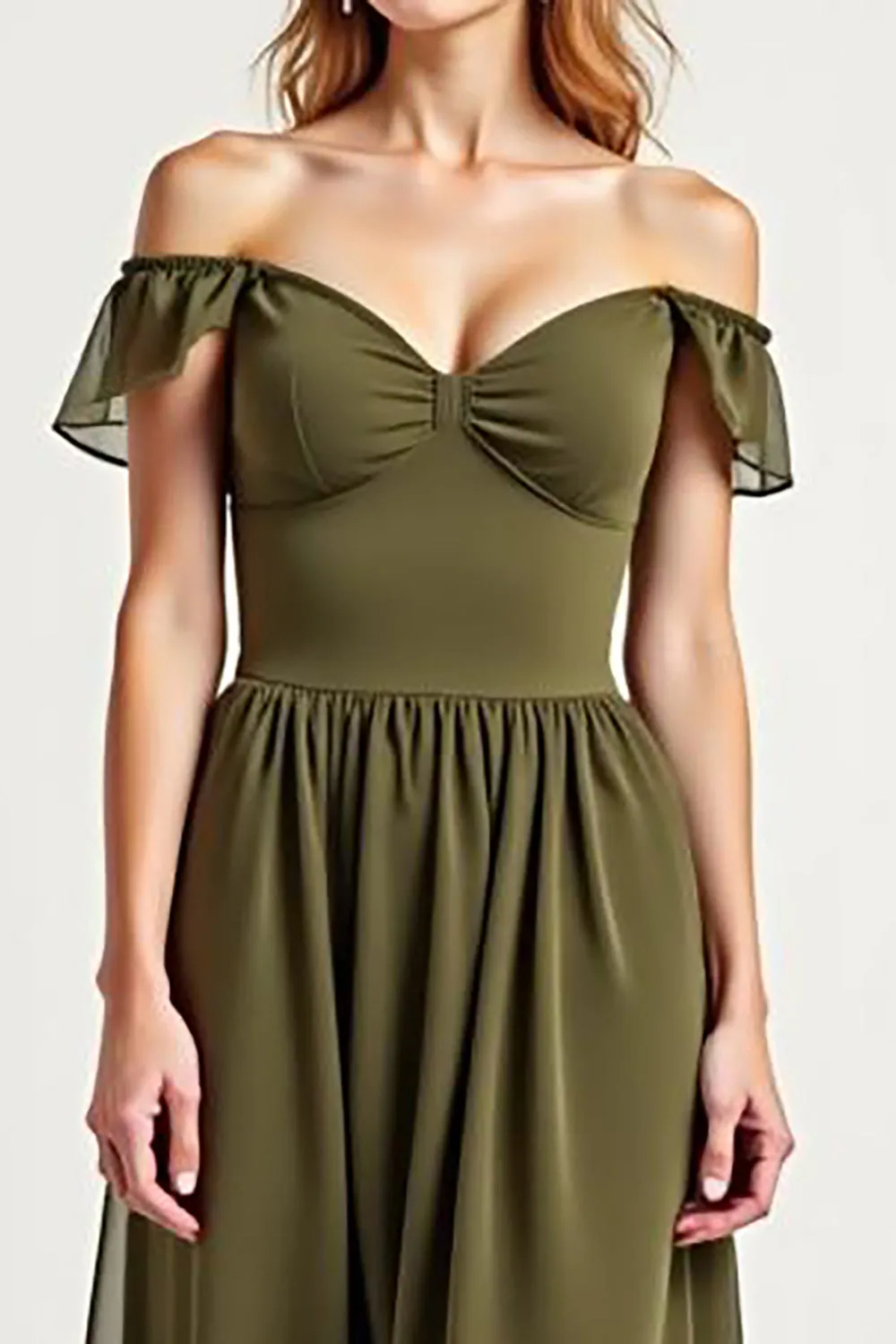 Olive Off The Shoulder Chiffon Long Formal Dress sold by Zapaka product image thumbnail 4