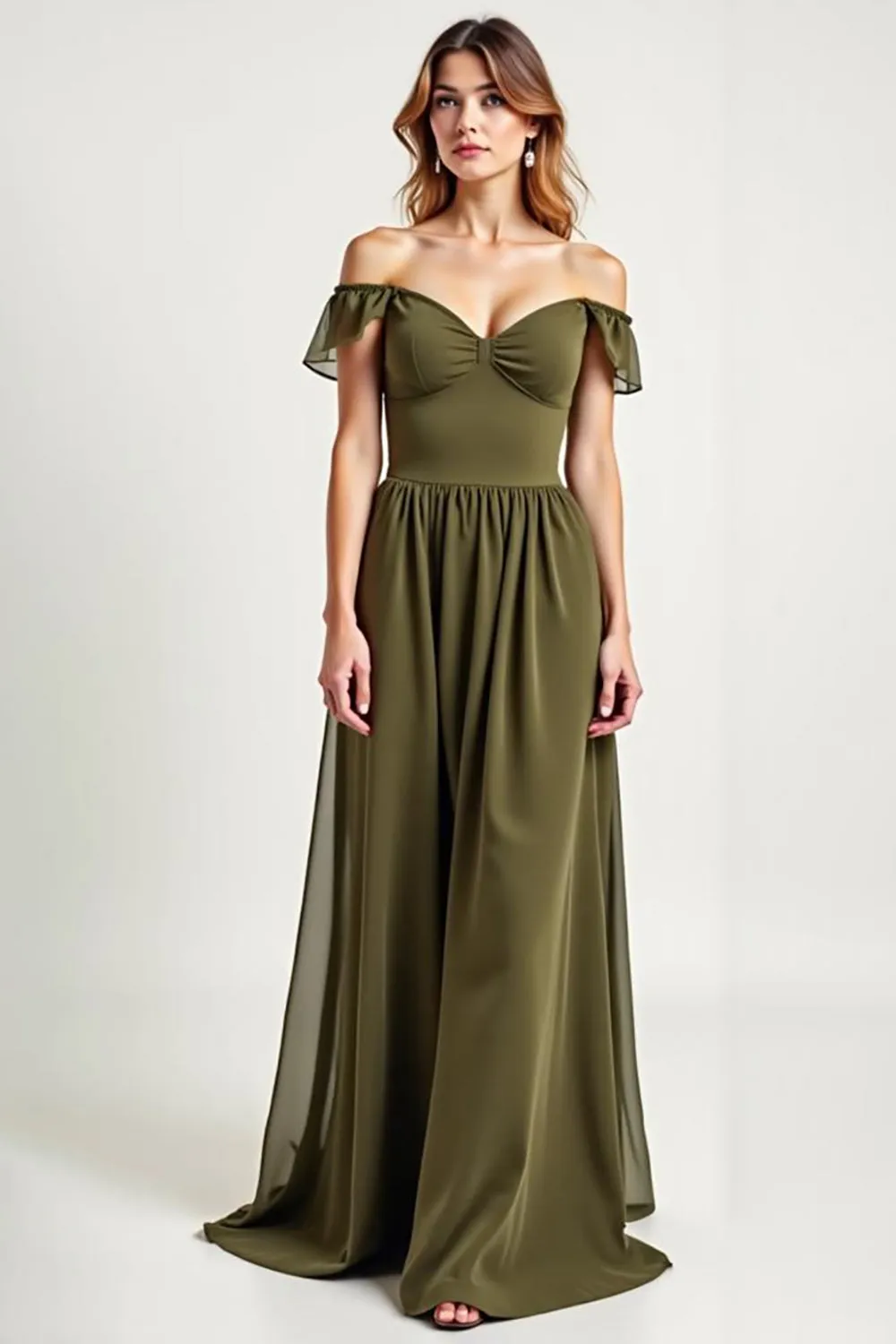Olive Off The Shoulder Chiffon Long Formal Dress sold by Zapaka