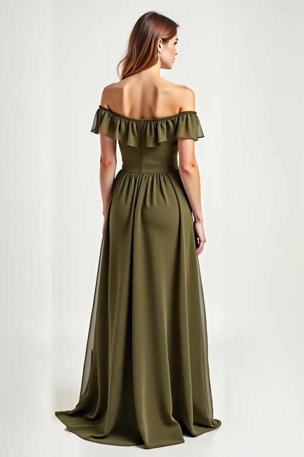 Olive Off The Shoulder Chiffon Long Formal Dress sold by Zapaka product image thumbnail 2