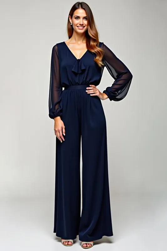 Navy V-Neck Long Sleeve Chiffon Formal Dress sold by Zapaka