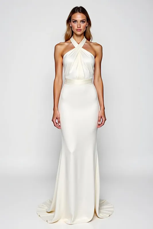 White Sheath Criss Cross Halter Long Formal Dress sold by Zapaka