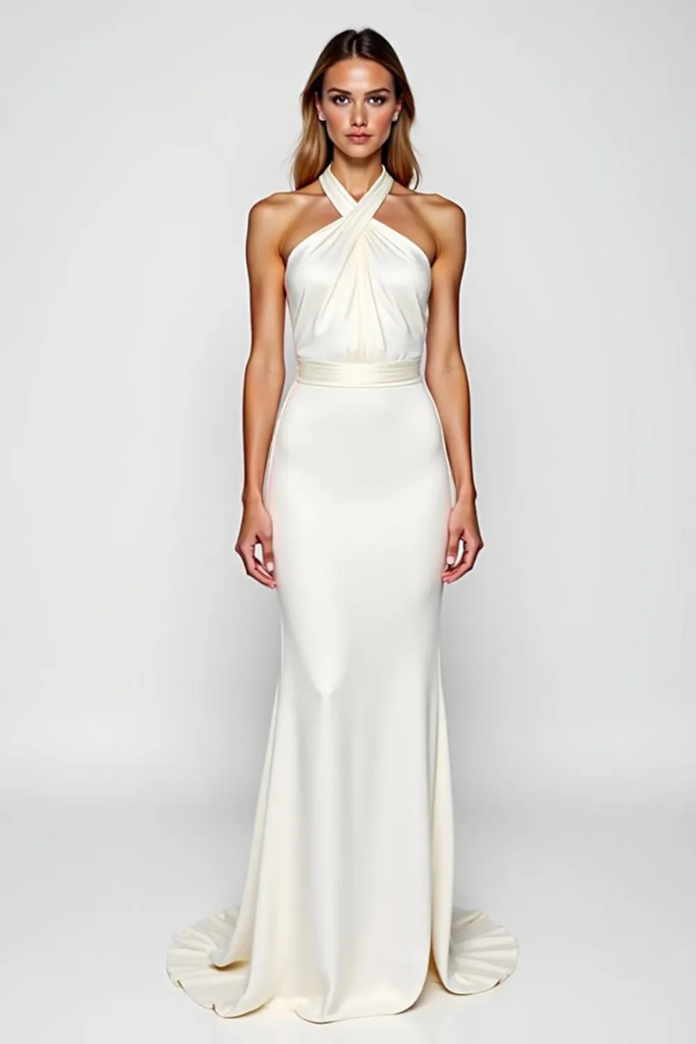 White Sheath Criss Cross Halter Long Formal Dress sold by Zapaka