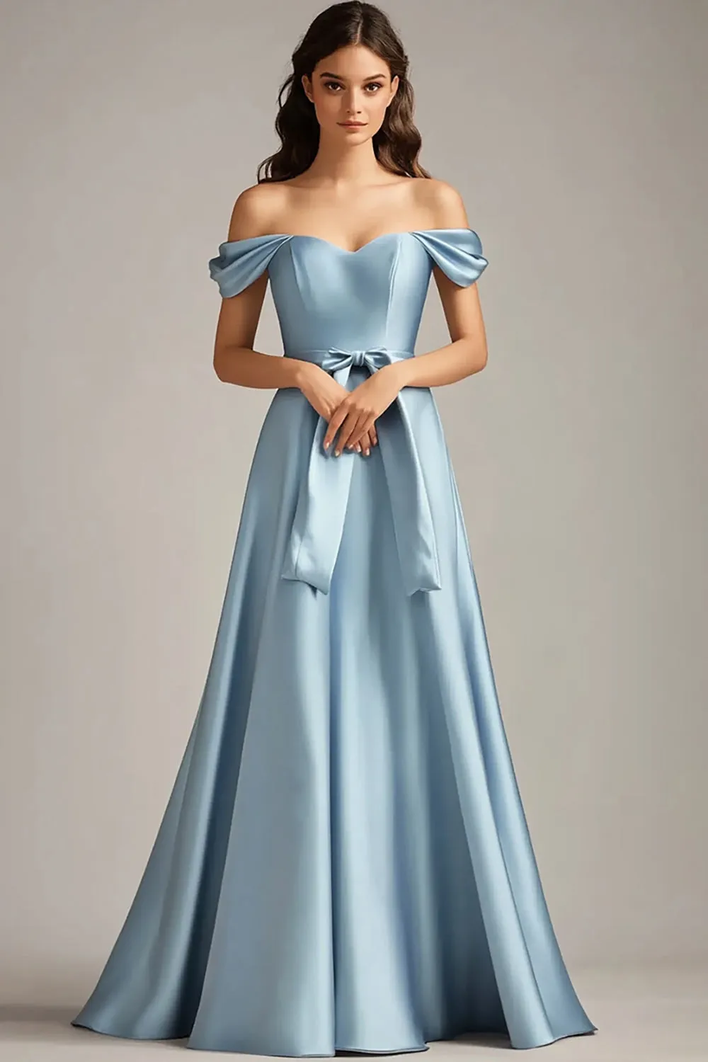 Off The Shoulder A Line Sky Blue Satin Formal Dress sold by Zapaka